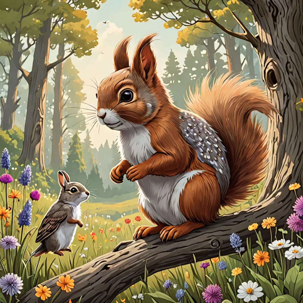 a squirrel and a bird are sitting on a tree branch in a forest with flowers and trees in the background, Chris LaBrooy, american scene painting, a storybook illustration, official art