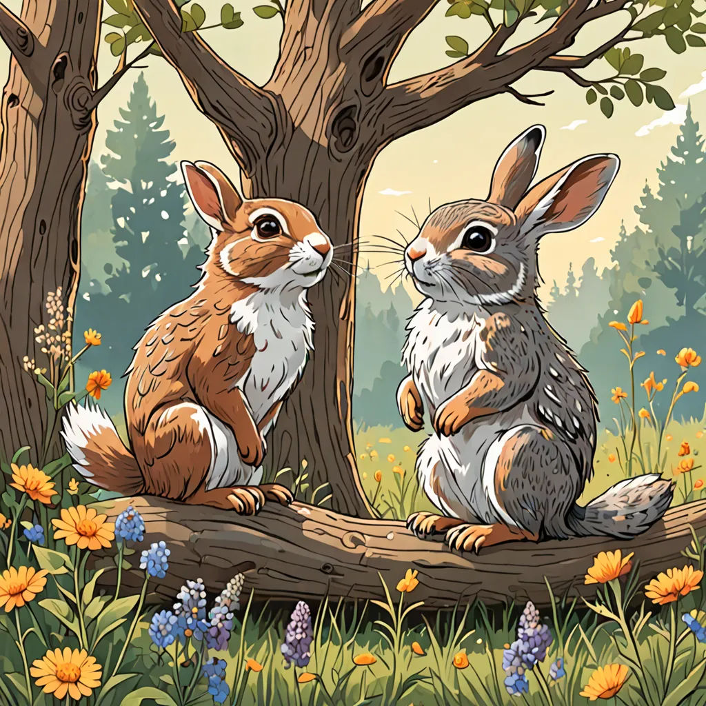 a couple of rabbits sitting on top of a tree branch in a forest filled with flowers and trees with a sky background, Dan Mumford, furry art, a storybook illustration, josan gonzales and dan mumford
