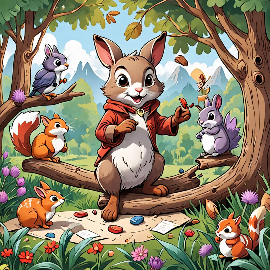 a cartoon squirrel with many animals in the forest, and a forest background with trees and flowers, and a bird, a squirrel, a squirrel, a squirrel, a bird, a squirrel, a, Chris LaBrooy, furry art, a storybook illustration, key art