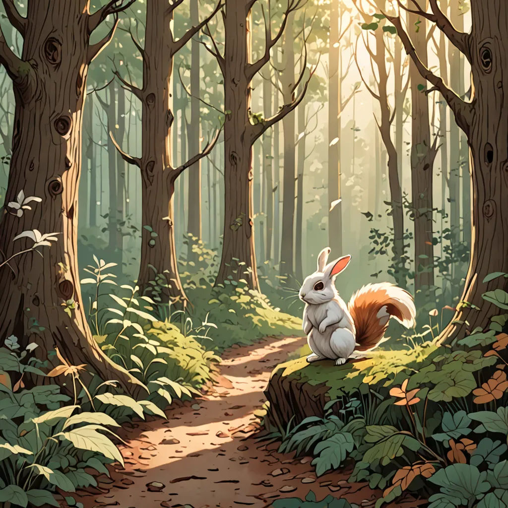 a painting of a squirrel sitting on a trail in a forest with trees and ferns on both sides of the path, Chris LaBrooy, fantasy art, a storybook illustration, rossdraws global illumination
