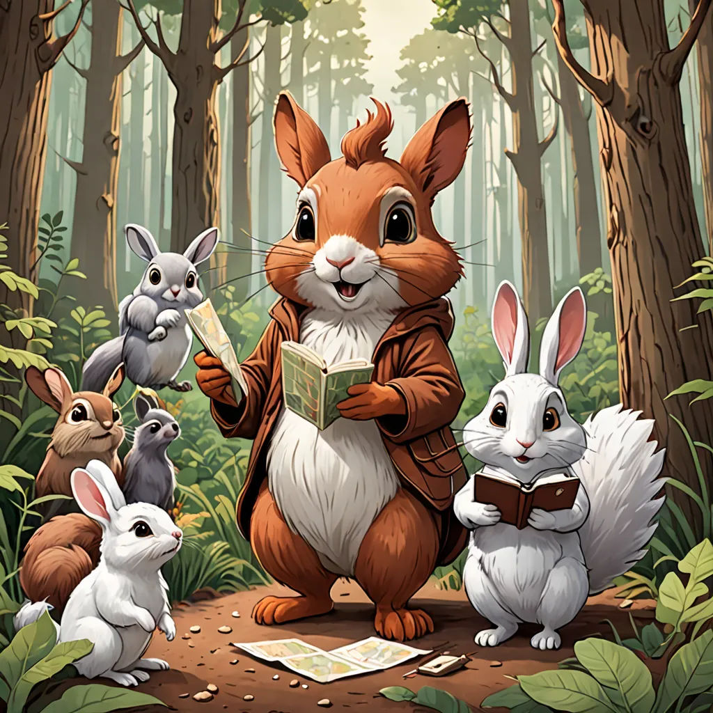 a rabbit is reading a book surrounded by rabbits in the forest with trees and grass behind him, and a forest background, Chris LaBrooy, furry art, a storybook illustration, official art