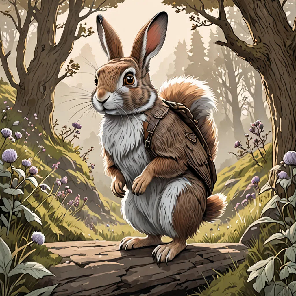 a painting of a rabbit with a backpack on its back in a forest with flowers and trees in the background, Chris LaBrooy, fantasy art, a character portrait, fantasy illustration