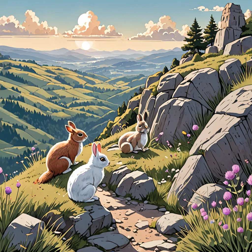 a painting of two rabbits sitting on a rocky hillside with a view of the mountains and a valley in the background, Chris LaBrooy, environmental art, a storybook illustration, josan gonzales and dan mumford