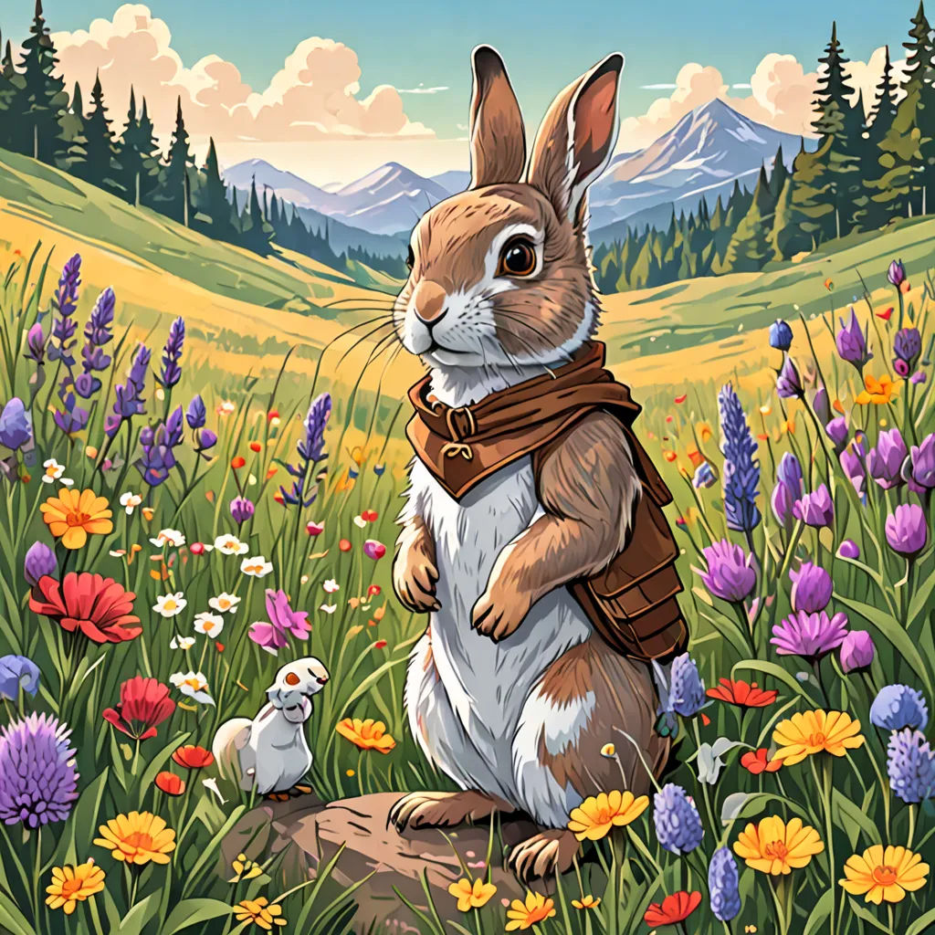 a rabbit is sitting in a field of flowers and a bird is standing on its hind legs and looking at the camera, Chris LaBrooy, furry art, a character portrait, josan gonzales and dan mumford