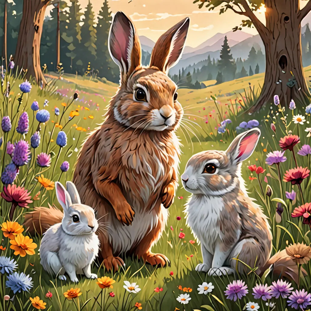 a painting of a mother rabbit and her two babies in a field of flowers and trees with a sunset in the background, Chris LaBrooy, furry art, a storybook illustration, official art