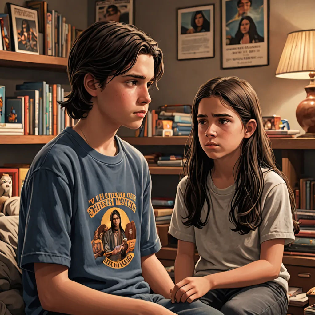 a boy and a girl sitting on a couch in a living room with bookshelves and a lamp, F Scott Hess, hyperrealism, a hyperrealistic painting, highly detailed digital painting