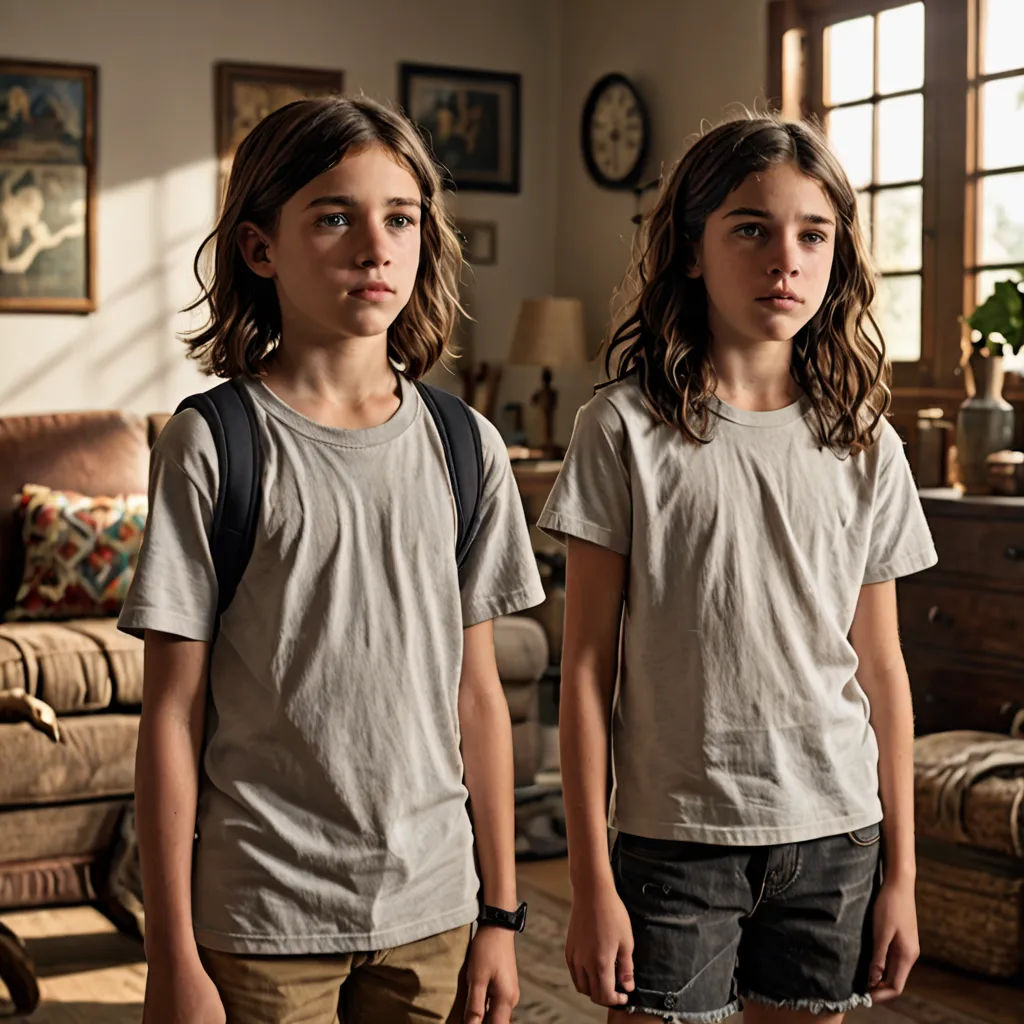 two young girls standing in a living room with a couch and a table in the background, one of them is wearing a backpack, Adam Rex, hyperrealism, concept art, promotional image