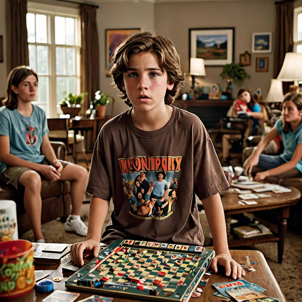 a boy sitting at a table with a board game on it in front of him and a group of people sitting around him, Bob Byerley, shock art, a hyperrealistic painting, promotional image