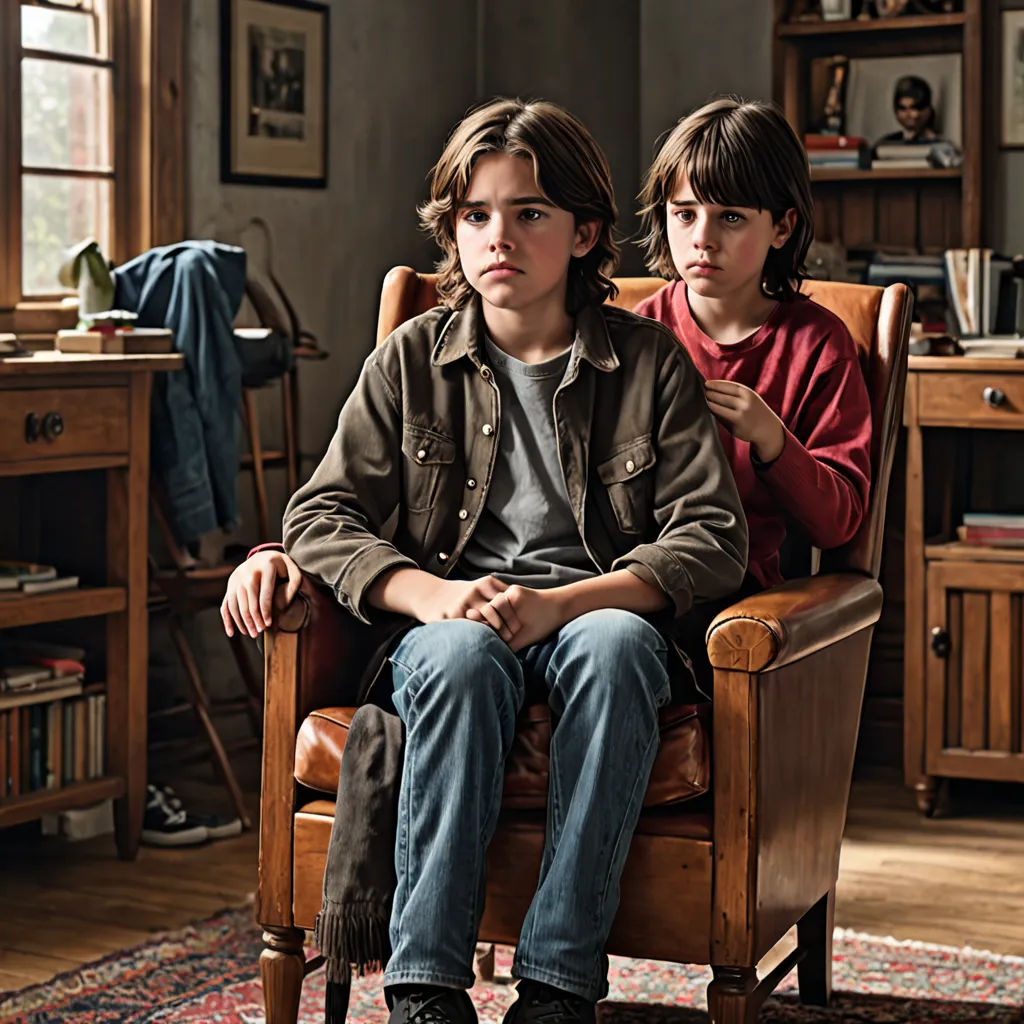 two young boys sitting in a chair in a room with a rug and a bookcase on the floor, David Budd, antipodeans, poster art, promotional image