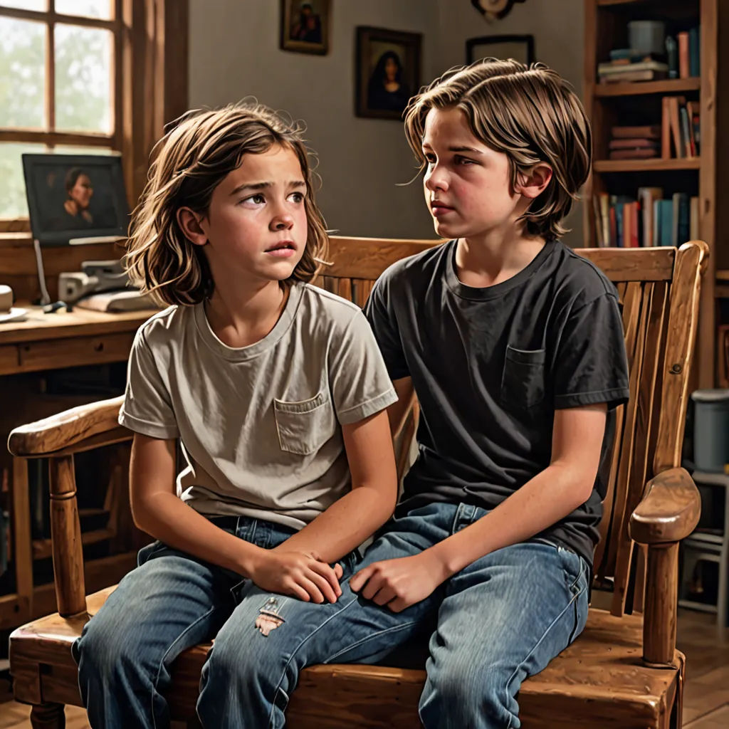 two young boys sitting on a wooden chair in a room with a bookcase and a computer desk in the background, Bob Byerley, american scene painting, a hyperrealistic painting, promotional image