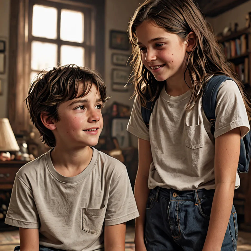 a boy and a girl sitting on a couch together in a living room with a bookcase in the background, Bob Byerley, hyperrealism, a poster, promotional image