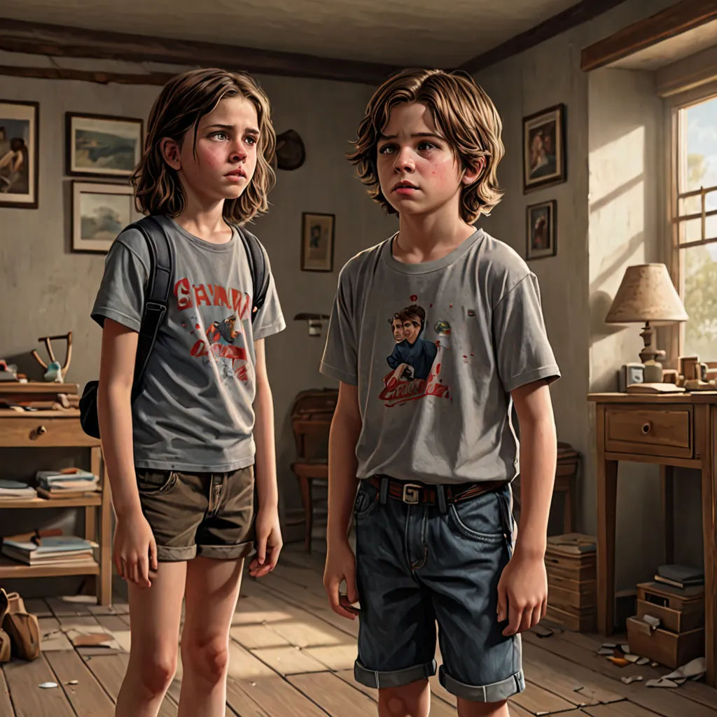two children standing in a room with a wooden floor and a window with a view of a bedroom and a desk with a lamp, Bob Byerley, photorealism, a digital painting, highly detailed digital painting