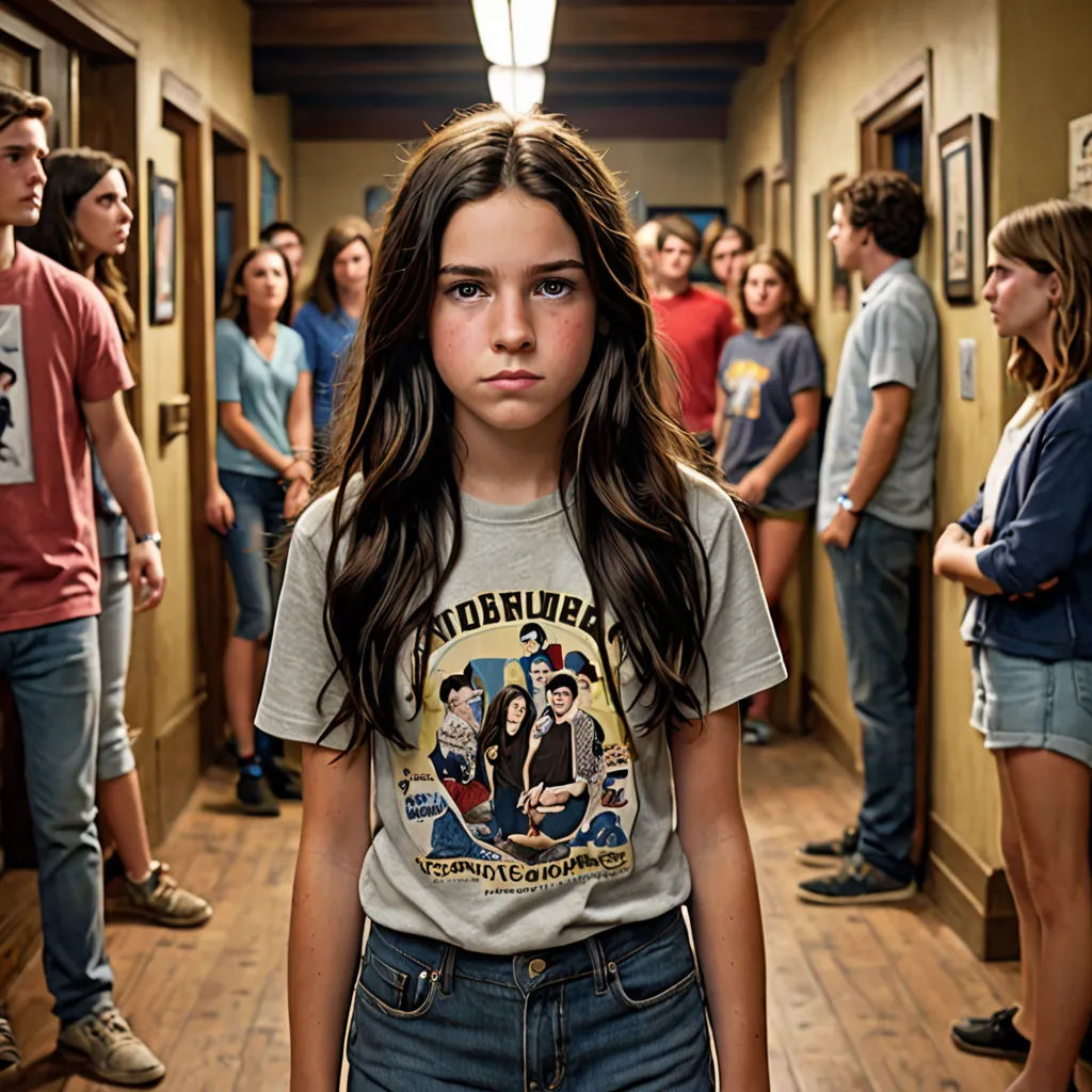 a girl standing in a hallway with a group of people in the background looking at her in the mirror, Bob Singer, shock art, poster art, promotional image