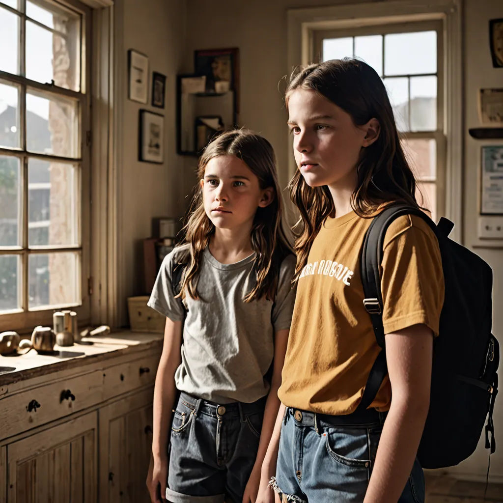 two girls standing in a kitchen looking out the window at the sun coming through the window panes and a window, David Teniers III, heidelberg school, a poster, promotional image