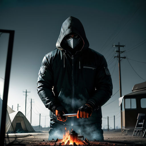 a man in a black jacket is cooking over a fire with a grill in the background and a car in the background