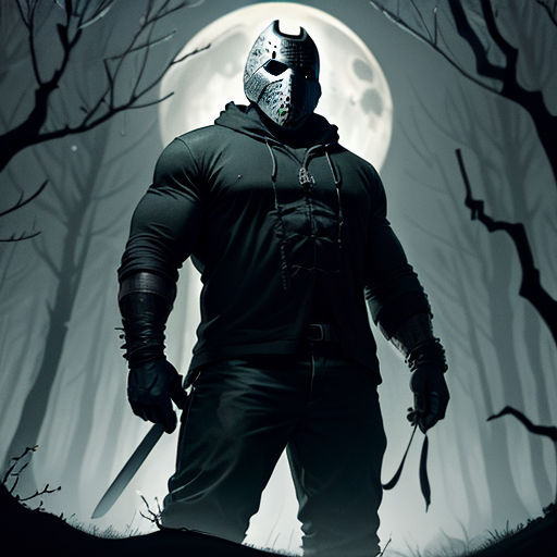 a man in a mask holding a knife in front of a full moon in the woods with trees and branches