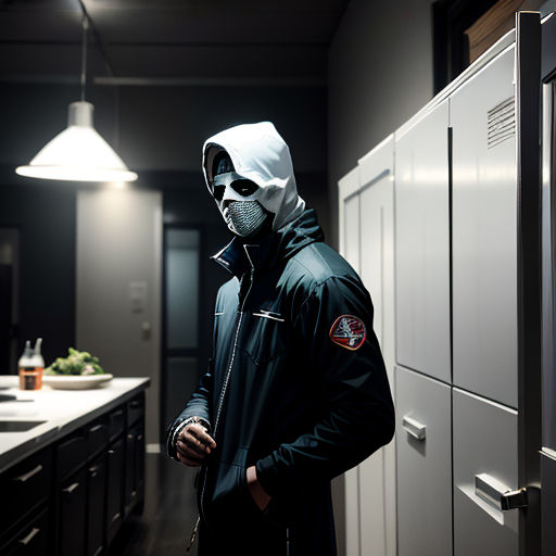 a man in a black jacket and a white mask standing in a kitchen with a refrigerator and a light