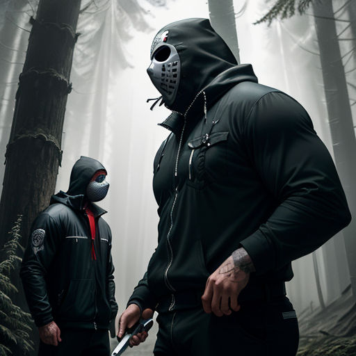 two men in black hoodies standing in a forest with a knife in their hand and a mask on