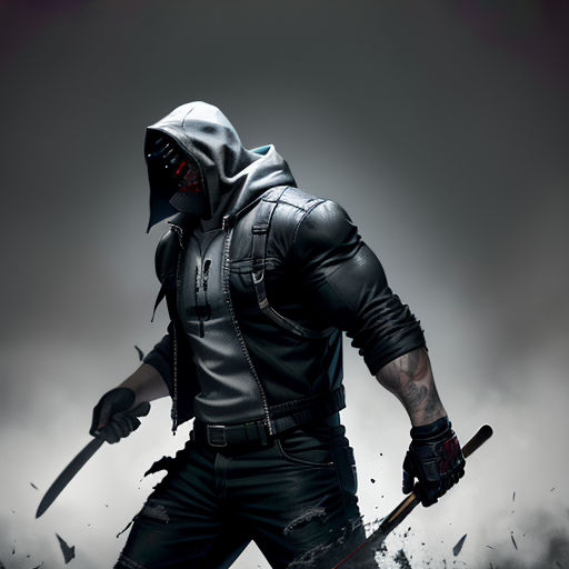 a man in a black outfit holding two swords in his hands and a hood on his face, with a black background