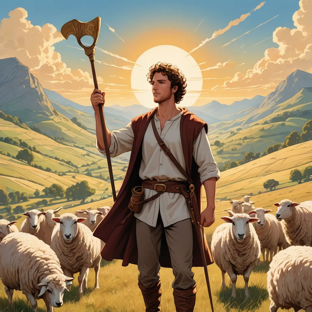 a painting of a man with a staff standing in front of a herd of sheep with a sunset in the background, altermodern, a storybook illustration, Christophe Vacher, official art