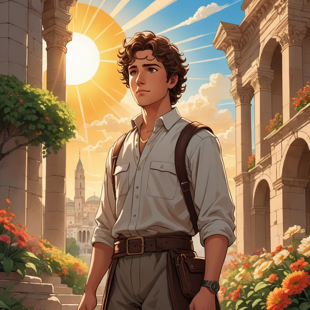 a man standing in front of a building with a sun in the background and flowers in the foreground, fantasy art, a character portrait, Cedric Seaut (Keos Masons), kinkade