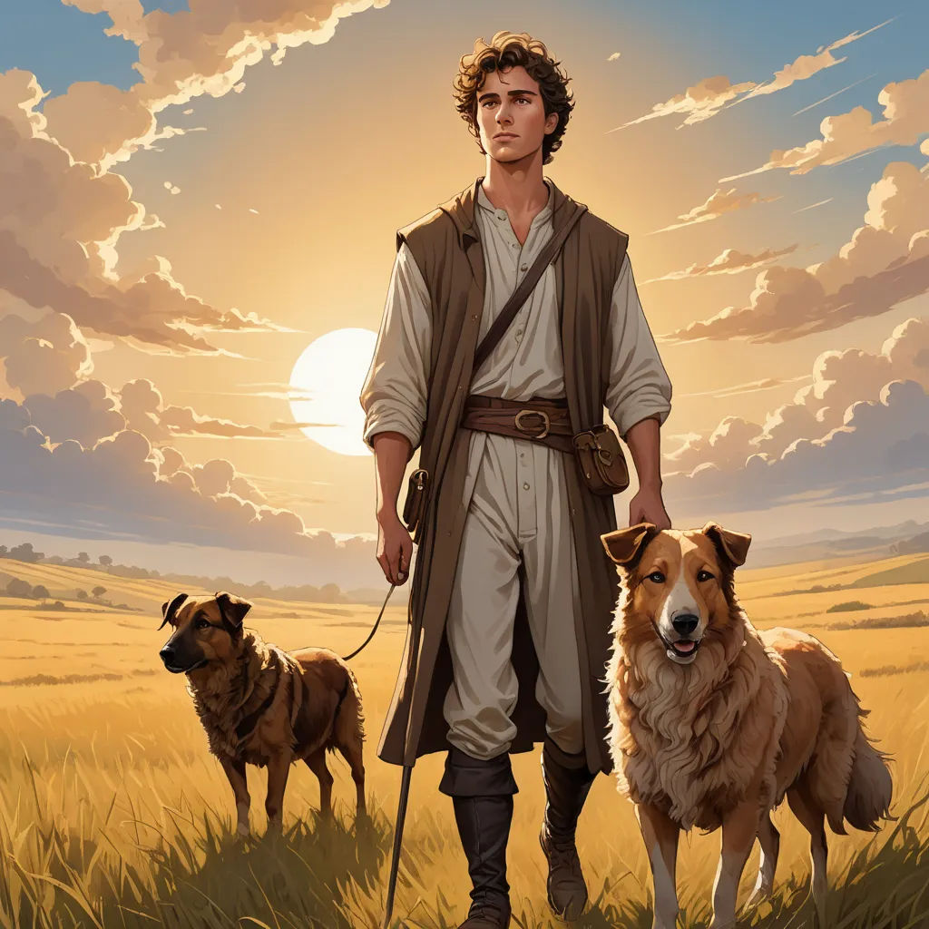 a man in a field with two dogs and a dog on a leash, with the sun in the background, fantasy art, a character portrait, Aaron Jasinski, official art