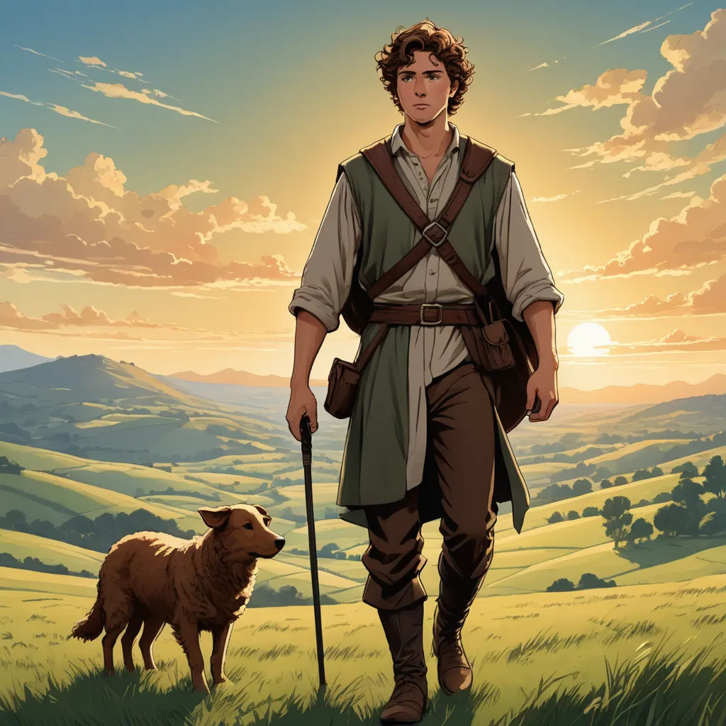 a man with a dog walking in a field with a sunset in the background and a dog on the grass, fantasy art, a storybook illustration, Brothers Hildebrandt, official art