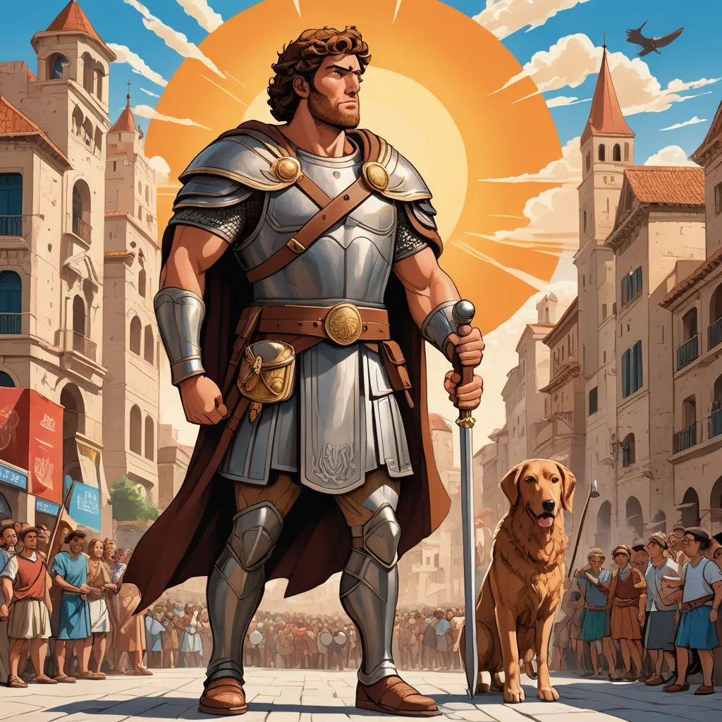 a man in a roman armor standing next to a dog on a street with a crowd of people watching, fantasy art, a storybook illustration, Brothers Hildebrandt, epic fantasy character art