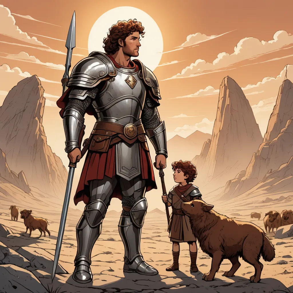 a man in armor standing next to a dog on a desert field with mountains in the background and a dog standing next to him, fantasy art, a storybook illustration, Brothers Hildebrandt, epic fantasy character art