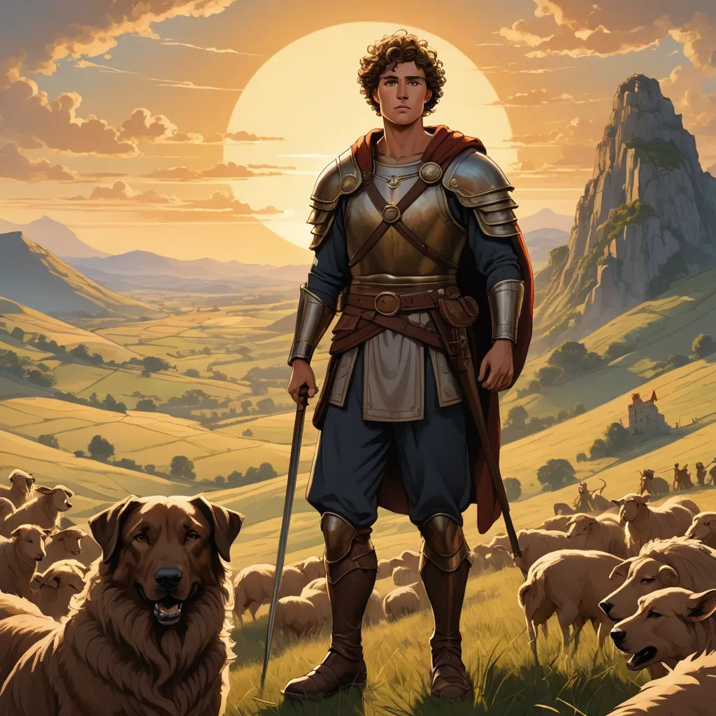 a man in armor standing in front of a herd of sheep with a dog in front of him and a mountain in the background, fantasy art, a character portrait, Brothers Hildebrandt, epic fantasy character art