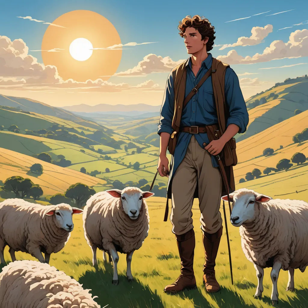 a man standing in a field with sheep in front of him and a sunset behind him, with a mountain range in the background, pre-raphaelitism, a storybook illustration, Colin Middleton, official art