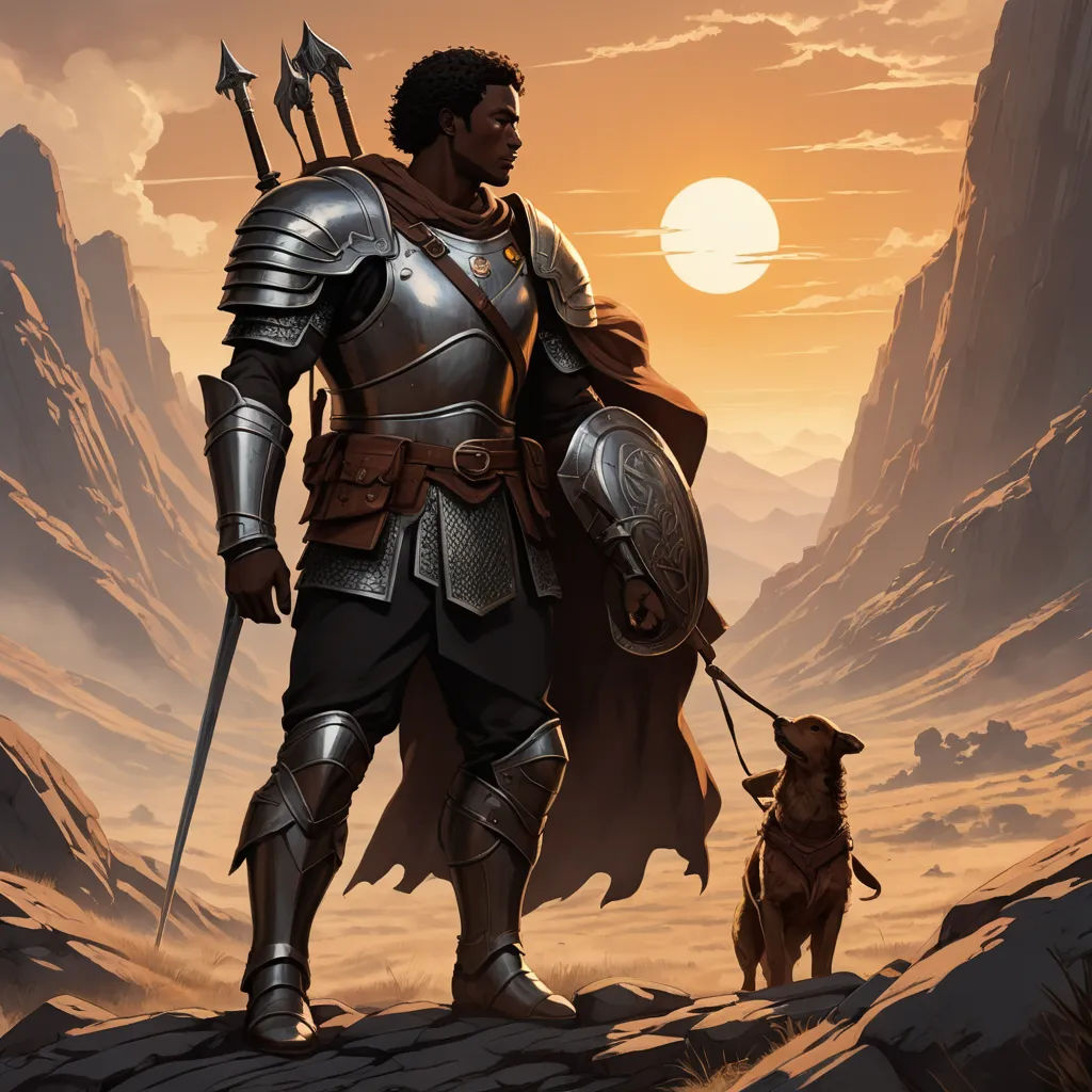 a man in armor walking a dog on a leash in a desert area with a sunset in the background, fantasy art, a character portrait, Clint Cearley, epic fantasy character art