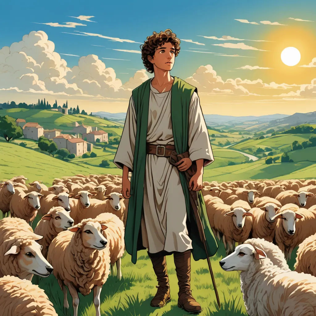 a man in a field with sheep and a sky background with clouds and sun behind him, with a man in a green robe and a brown belt, standing in front of sheep, synthetism, a storybook illustration, Christophe Vacher, official art