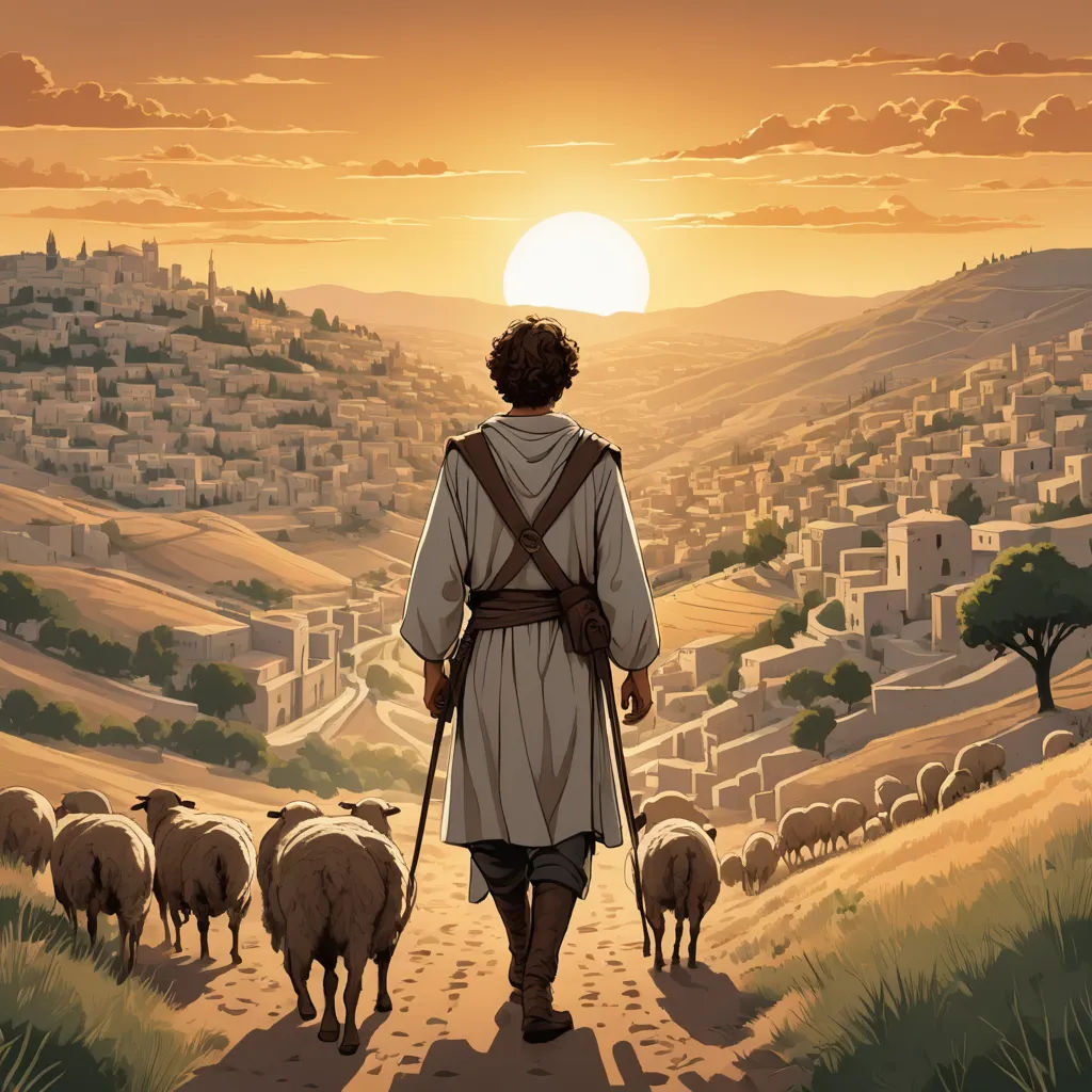 a man walking down a path with a herd of sheep behind him on a hillside with a city in the background, serial art, a storybook illustration, Asaf Hanuka, official art