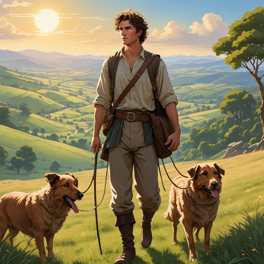 a man walking two dogs in a field with a sunset in the background and hills in the background,, fantasy art, a storybook illustration, Brothers Hildebrandt, kinkade