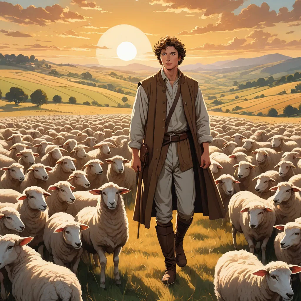 a man standing in a field with a herd of sheep in front of him and a sunset in the background, german romanticism, a storybook illustration, Brothers Hildebrandt, official art