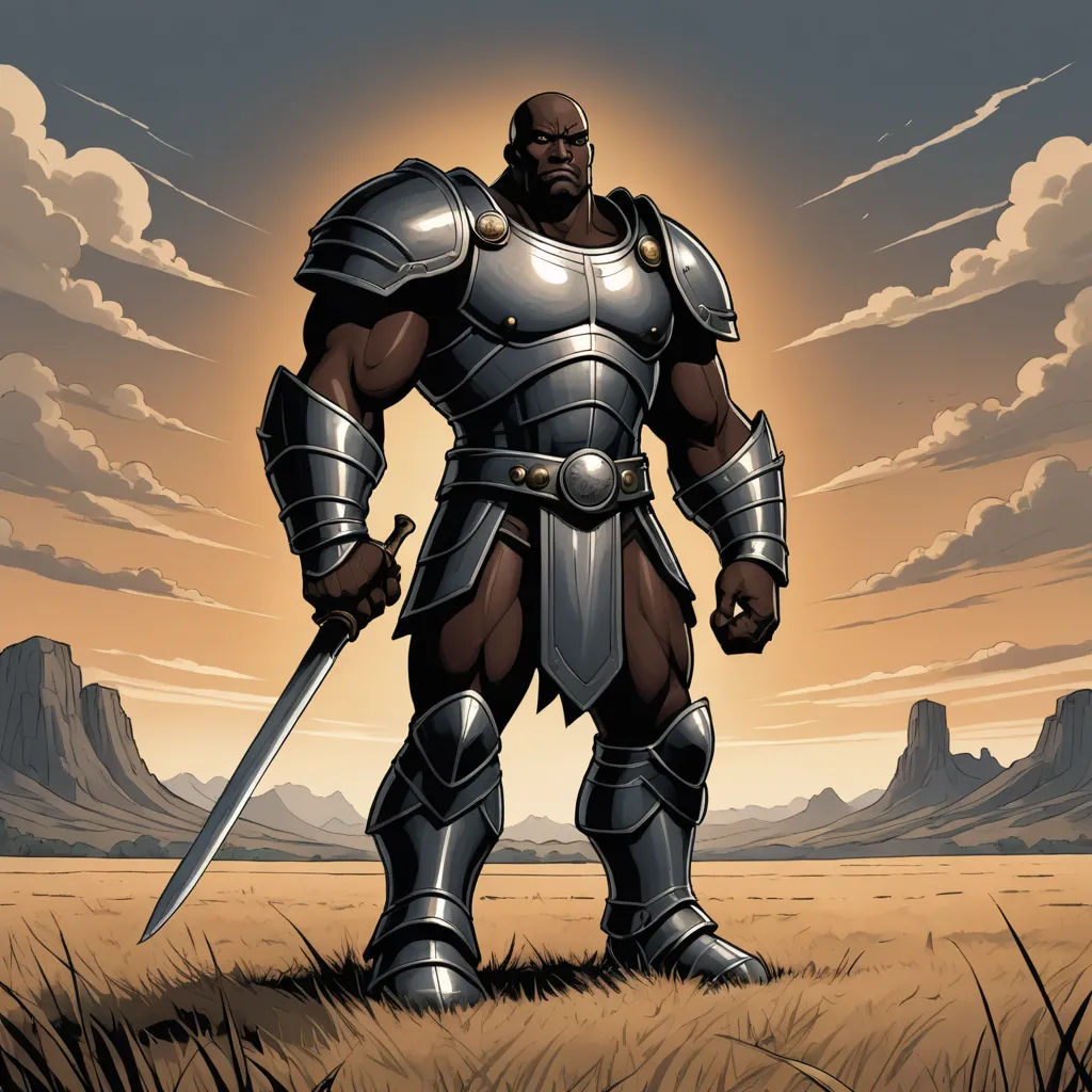 a man in armor standing in a field with a sword in his hand and a sky background with clouds, afrofuturism, a character portrait, Cedric Seaut (Keos Masons), epic fantasy character art