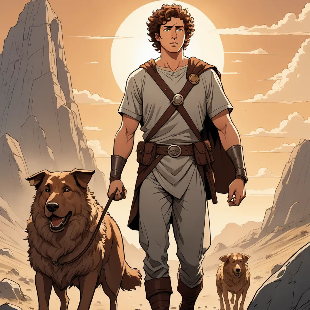 a man walking with two dogs in front of him and a mountain in the background with a sun in the sky, fantasy art, a comic book panel, Cedric Seaut (Keos Masons), comic cover art