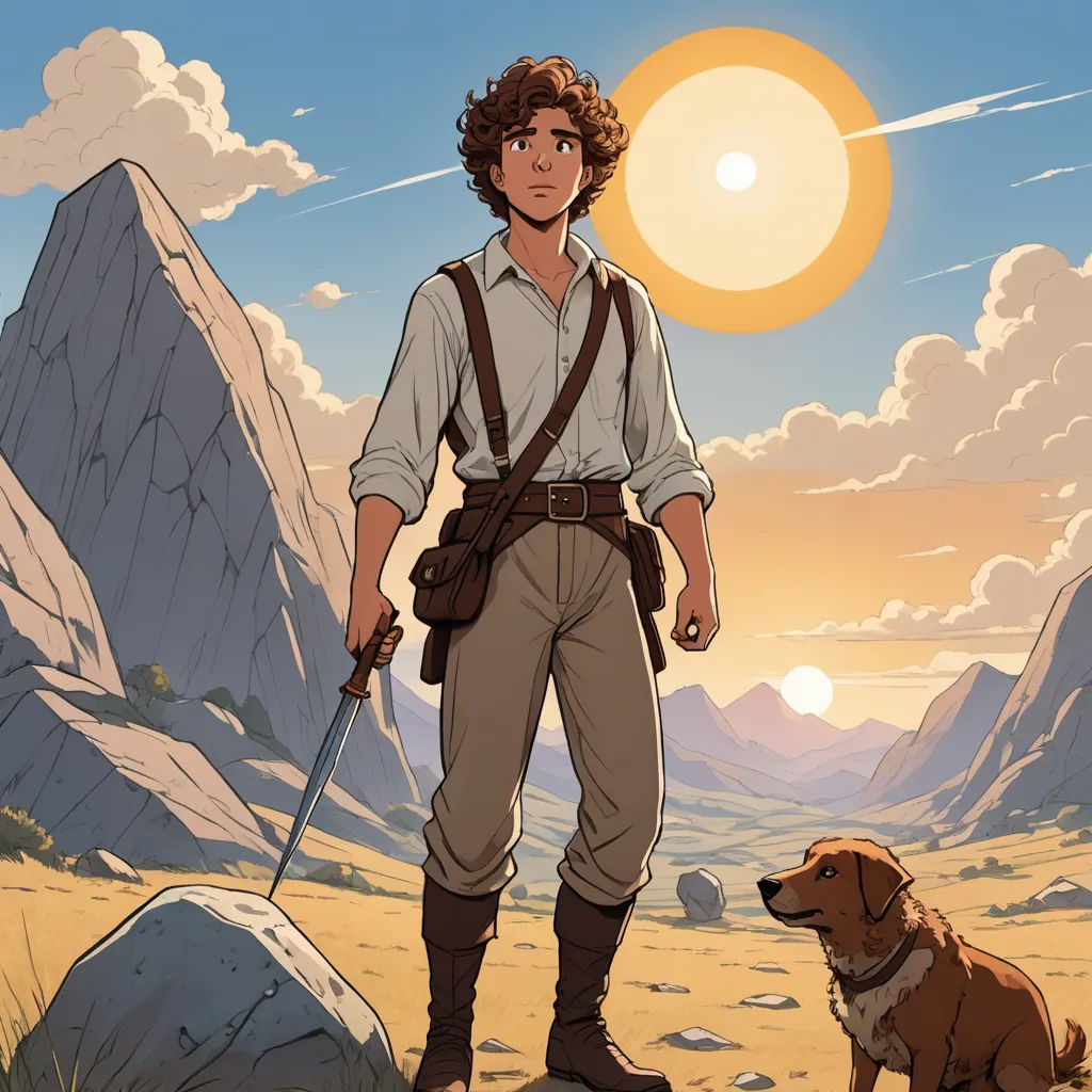 a man with a dog standing in front of a mountain range with a sunset in the background and a dog sitting on the ground, fantasy art, a character portrait, Cedric Seaut (Keos Masons), comic cover art