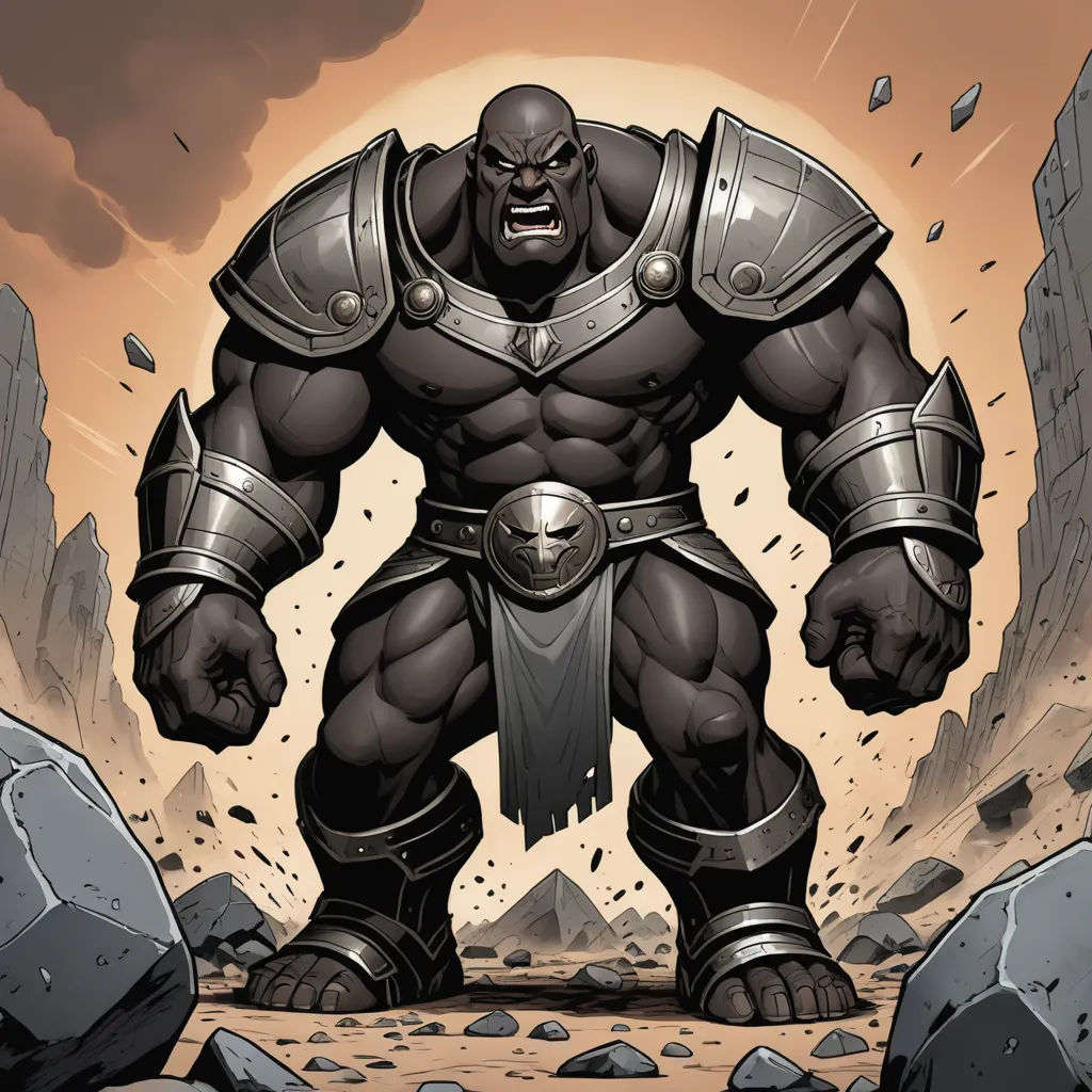 a cartoon of a giant man with a sword in his hand and a huge rock in the background with a sky background, antipodeans, a comic book panel, Brom, muscular