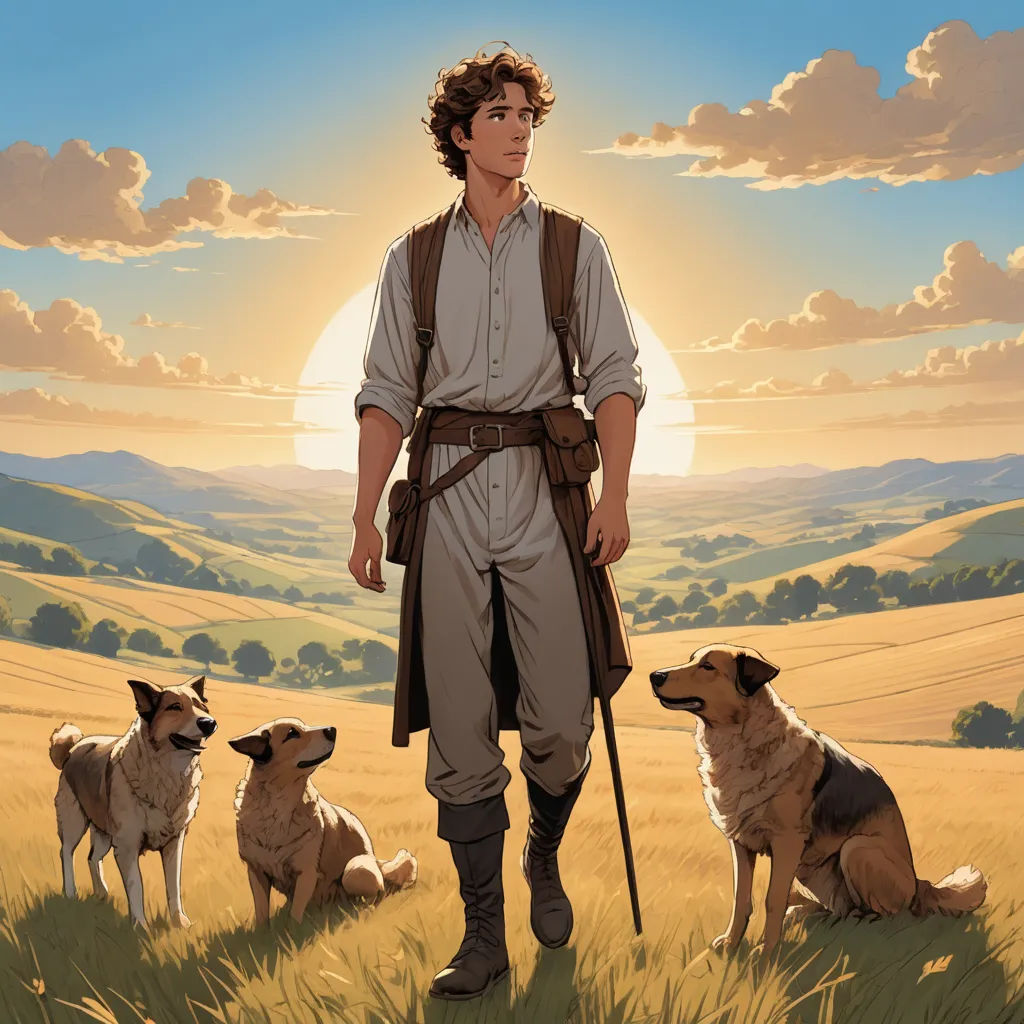 a man standing in a field with three dogs and a dog sitting on the ground next to him,, serial art, a character portrait, Brothers Hildebrandt, official art