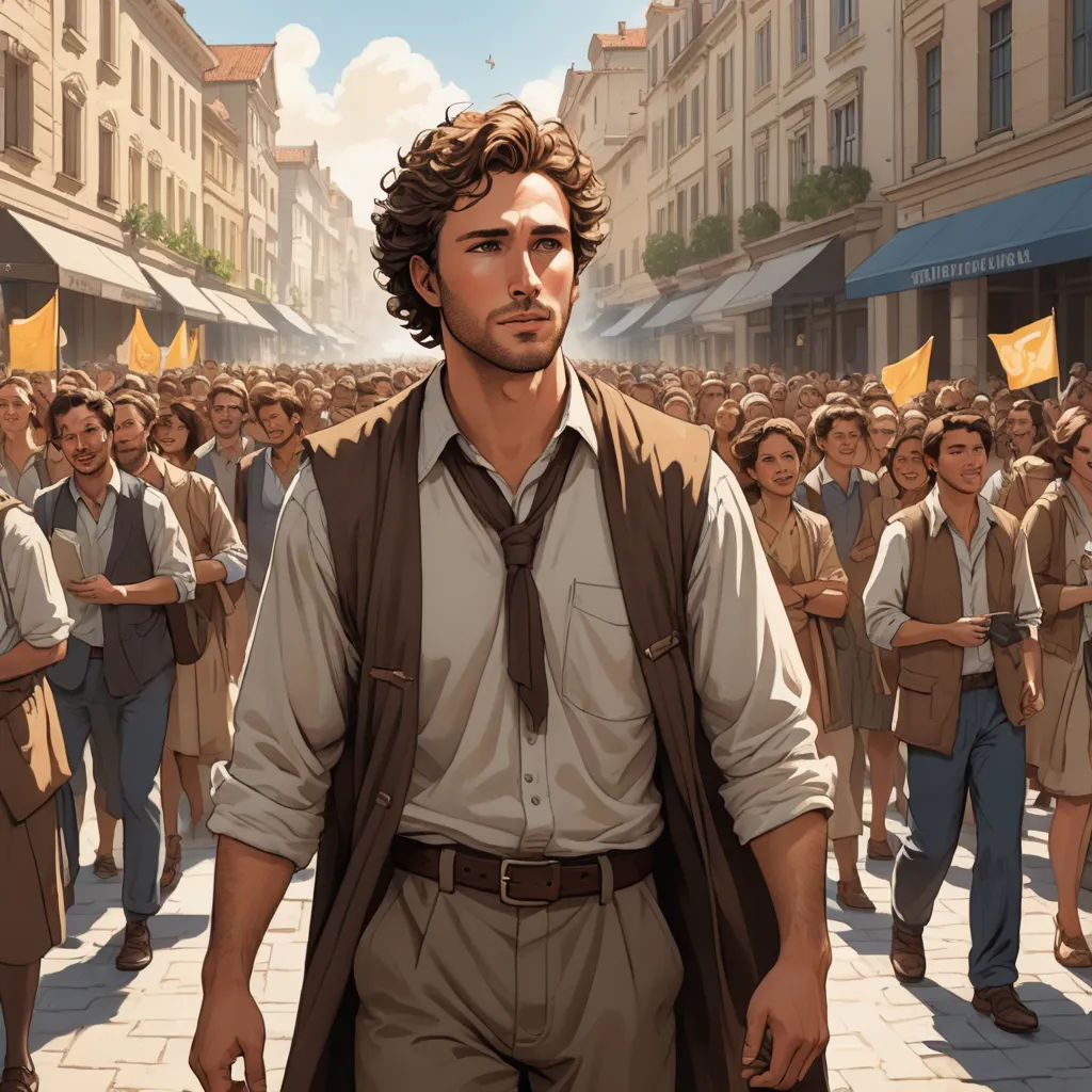 a man in a brown vest and tie standing in front of a crowd of people in a city street, fantastic realism, a comic book panel, Bastien Lecouffe-Deharme, mars ravelo and greg rutkowski
