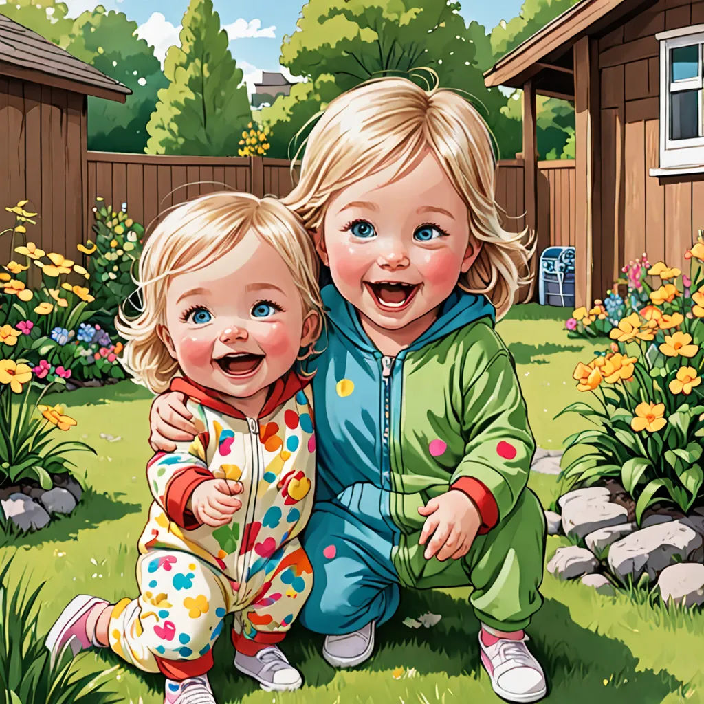 two little girls are playing in the grass together in front of a house and a garden with flowers and a shed, photorealism, a storybook illustration, Brothers Hildebrandt, highly detailed digital painting