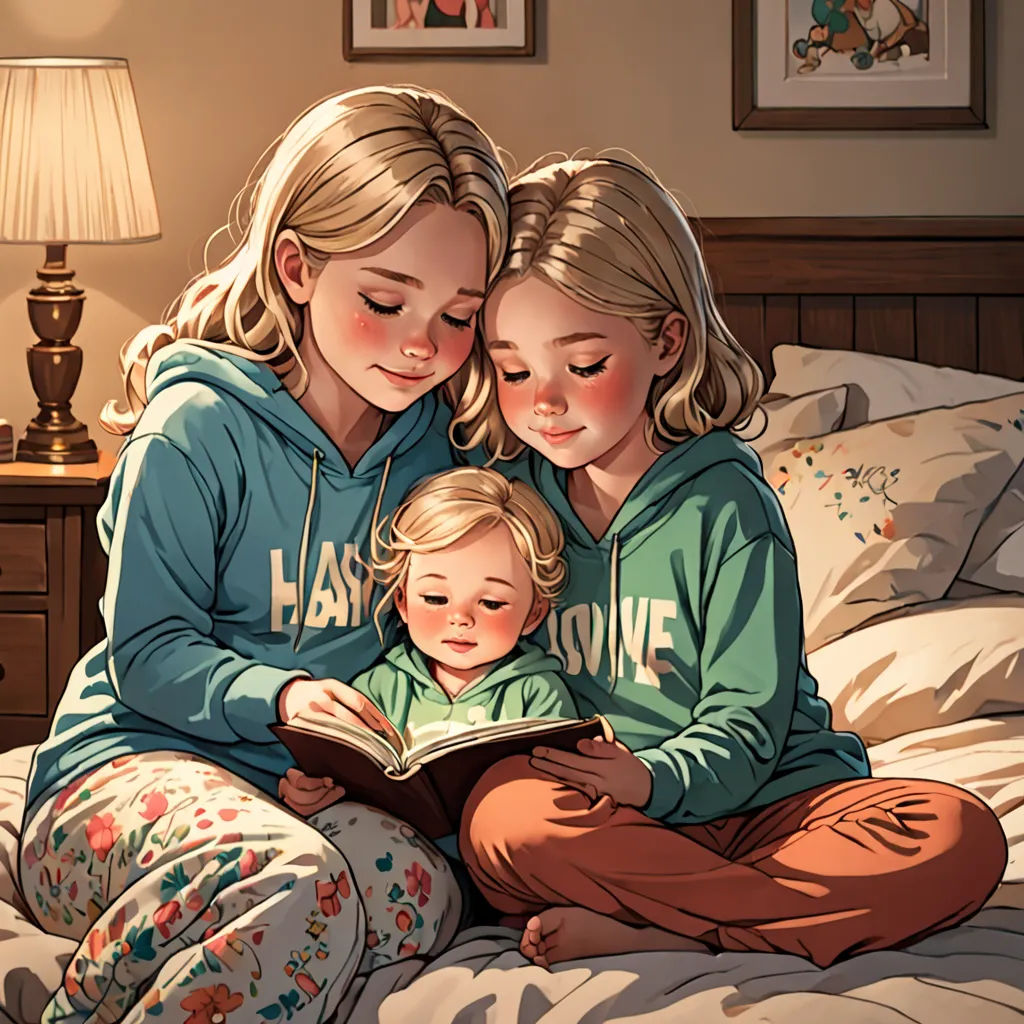 a mother reading a book to her two daughters on a bed with a lamp on the side table in the background, photorealism, a storybook illustration, Caroline Lucy Scott, storybook illustration