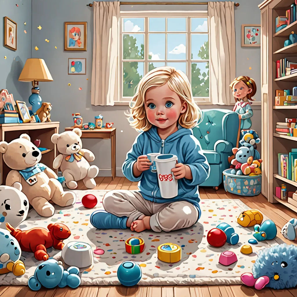 a painting of a little girl sitting on the floor with her toys in front of her and a teddy bear, american scene painting, a storybook illustration, Bob Byerley, highly detailed digital painting