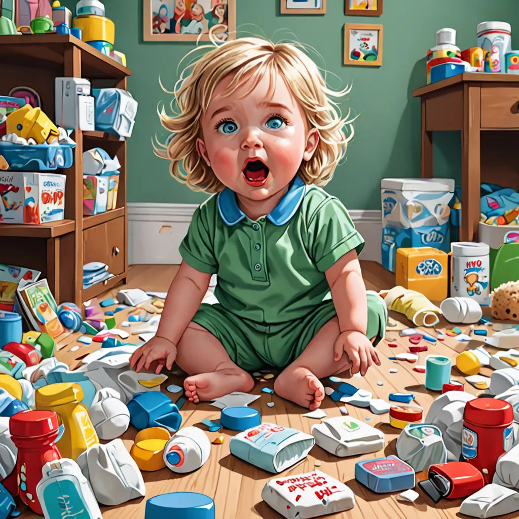 a painting of a baby sitting on the floor surrounded by toys and toyshelves in a room with a green wall, photorealism, a storybook illustration, Alex Horley-Orlandelli, highly detailed digital painting