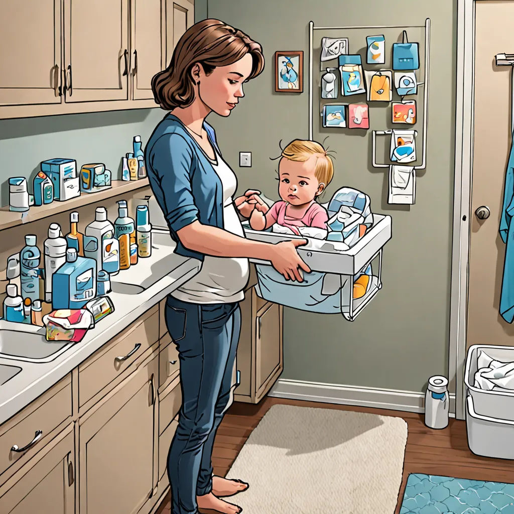 a woman holding a baby in a bath room next to a sink and a toilet with a baby in it, lyco art, a storybook illustration, Chris Ware, detailed illustration