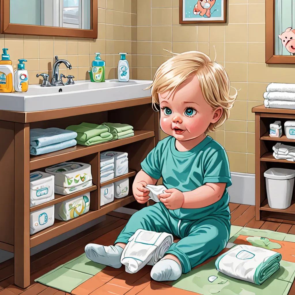 a baby sitting on the floor in a bathroom playing with a remote control in front of a sink and a shelf with folded towels, photorealism, a storybook illustration, Diego Gisbert Llorens, storybook illustration