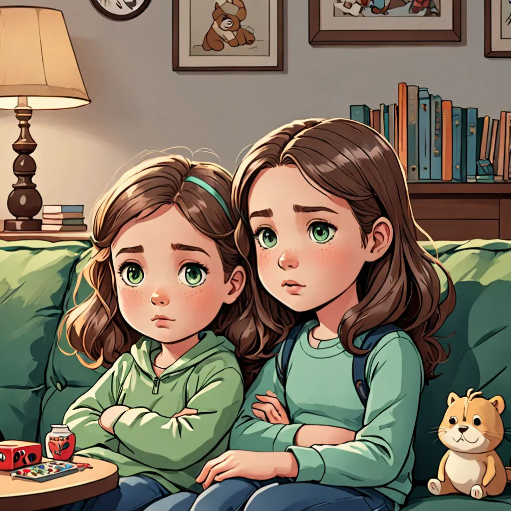 two girls sitting on a couch with a teddy bear and a toy car in front of them, with a clock on the wall, serial art, a comic book panel, Clarice Beckett, comic book