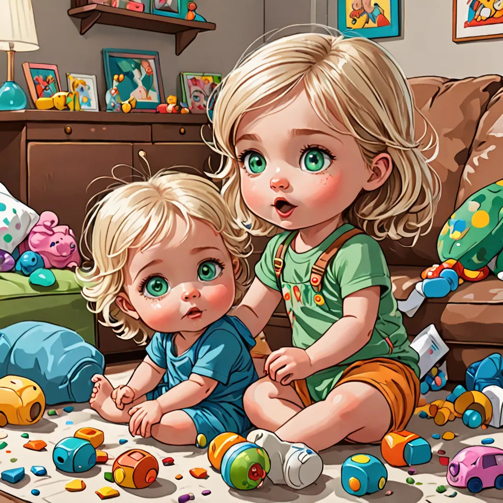 a couple of kids playing with toys in a room with a couch and a chair in front of them, photorealism, a storybook illustration, Brothers Hildebrandt, highly detailed digital painting